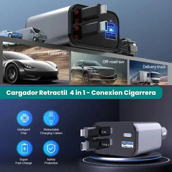 Car Charger Cargador Retractil 4 en 1 para Auto